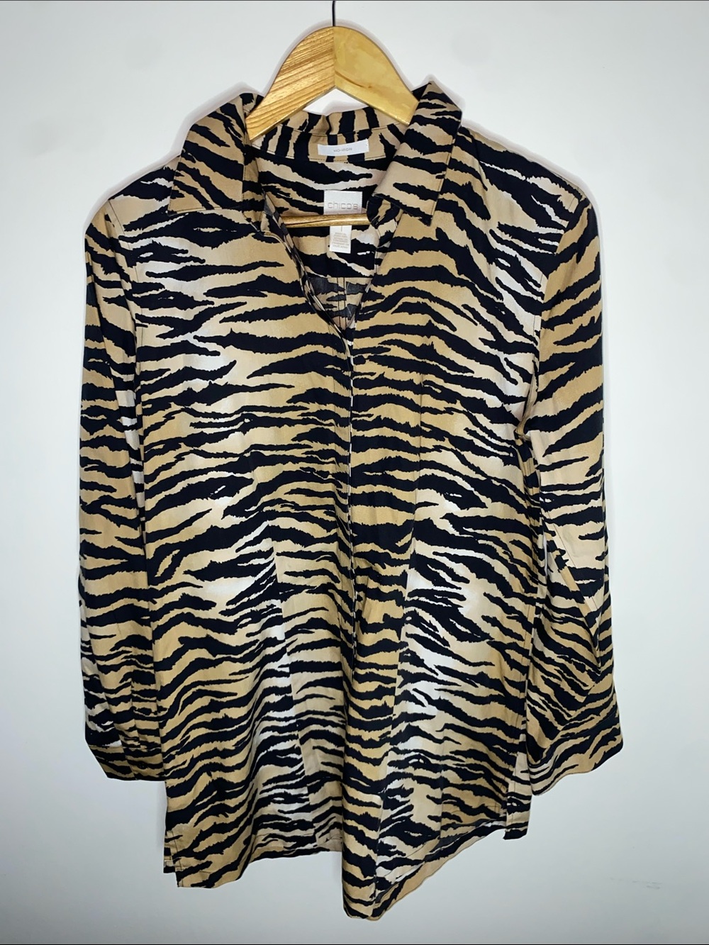 Chico's Tan, Black & White Zebra-Print Slim Fit Button Down